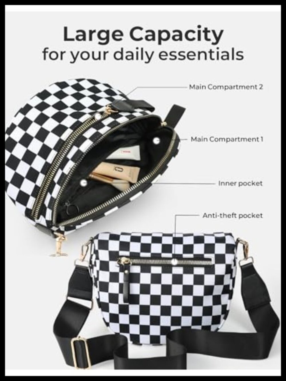 Nylon Checkered Crossbody Bum Bag Sling Fanny Pack Adjustable Strap - Picture 5 of 6